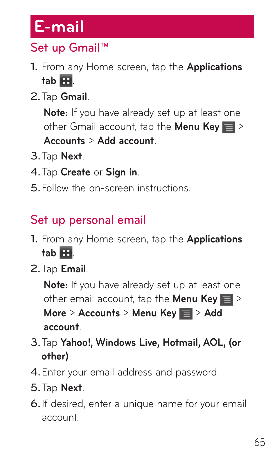 E-mail, Set up gmail, Set up personal email | LG DOUBLEPLAY MFL67441301 User Manual | Page 65 / 196