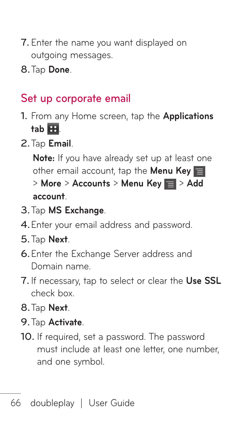 Set up corporate email | LG DOUBLEPLAY MFL67441301 User Manual | Page 66 / 196