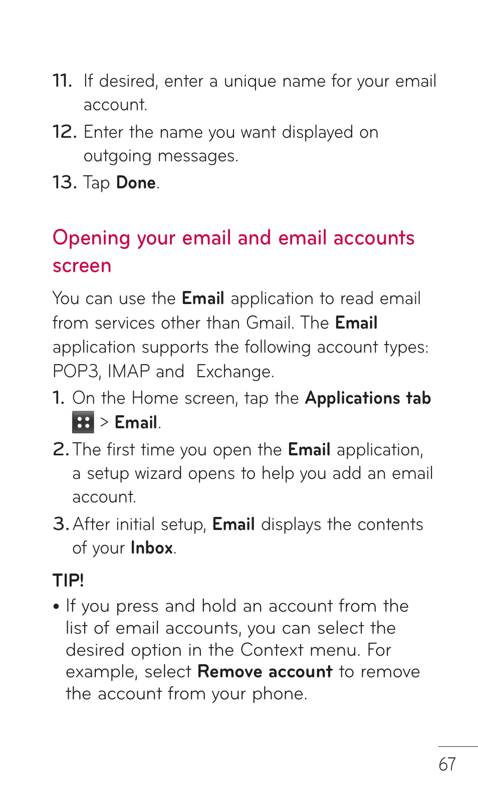 Opening your email and email accounts screen | LG DOUBLEPLAY MFL67441301 User Manual | Page 67 / 196