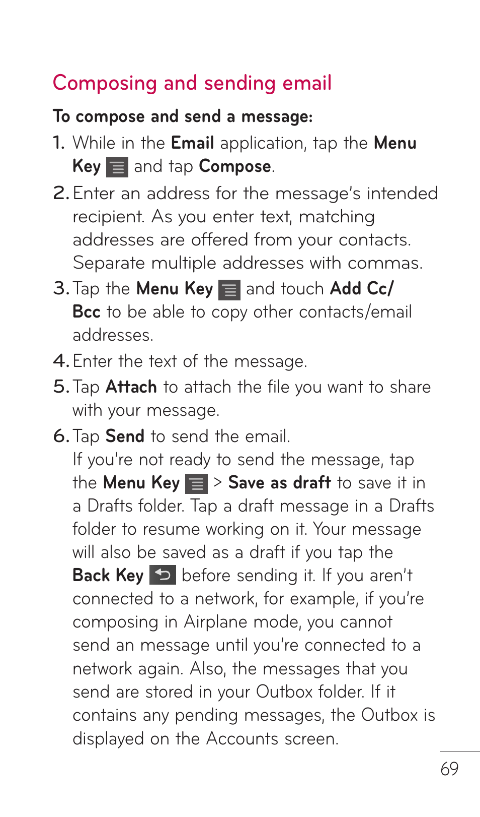 Composing and sending email | LG DOUBLEPLAY MFL67441301 User Manual | Page 69 / 196