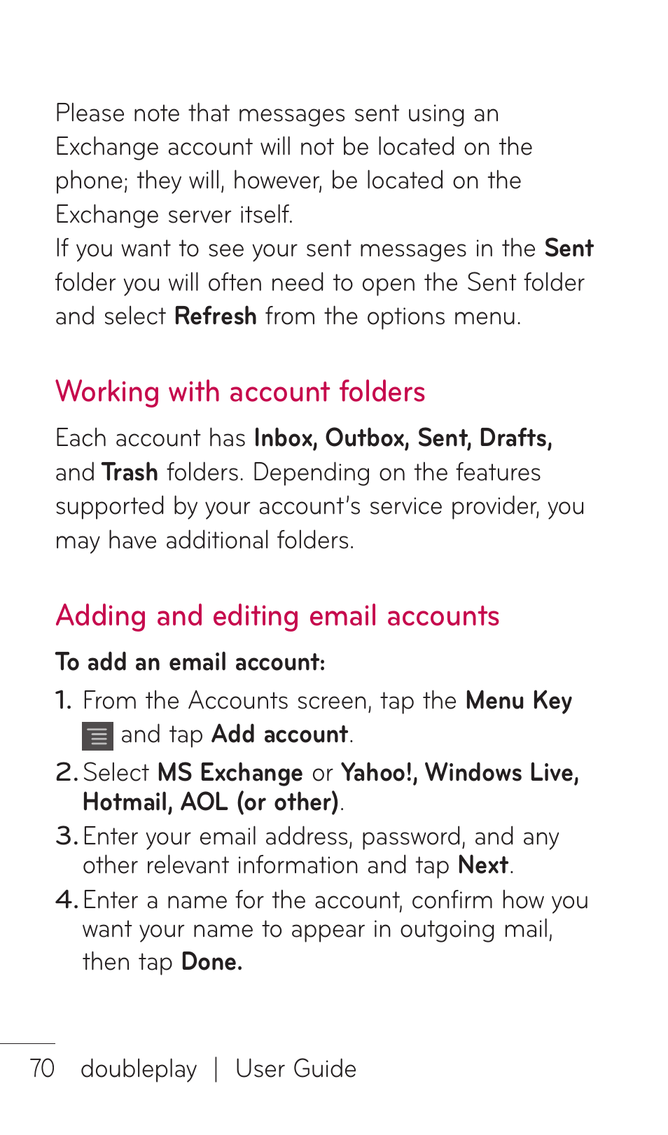 Working with account folders, Adding and editing email accounts | LG DOUBLEPLAY MFL67441301 User Manual | Page 70 / 196