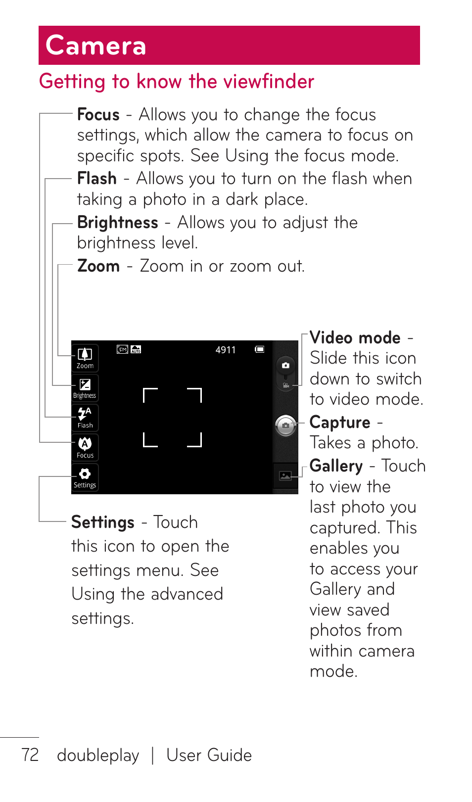Camera, Getting to know the viewfinder | LG DOUBLEPLAY MFL67441301 User Manual | Page 72 / 196