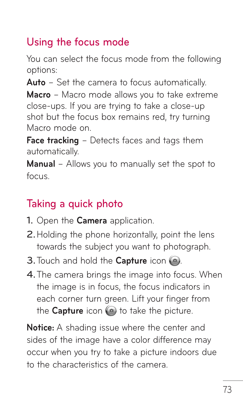 Using the focus mode, Taking a quick photo | LG DOUBLEPLAY MFL67441301 User Manual | Page 73 / 196