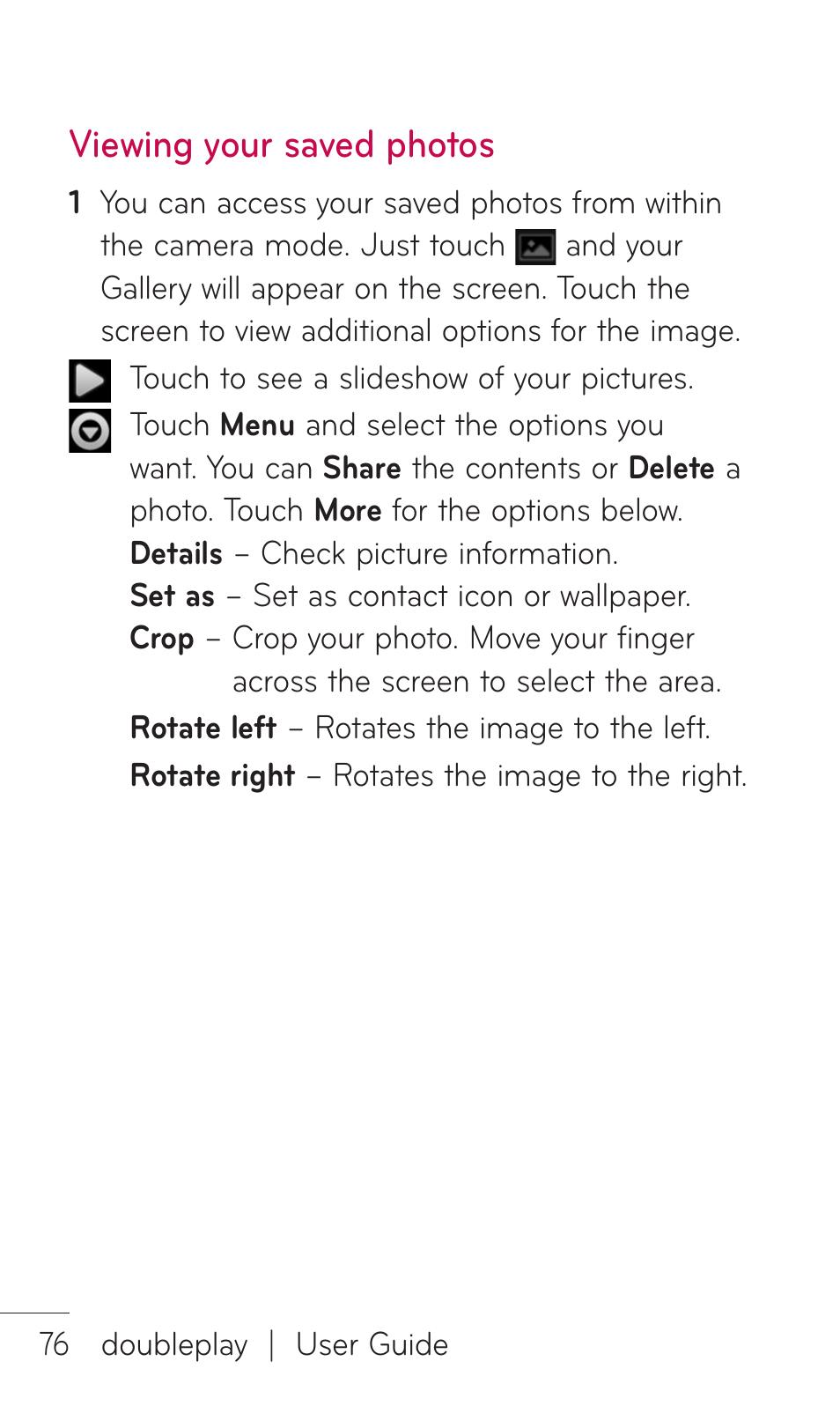 Viewing your saved photos | LG DOUBLEPLAY MFL67441301 User Manual | Page 76 / 196