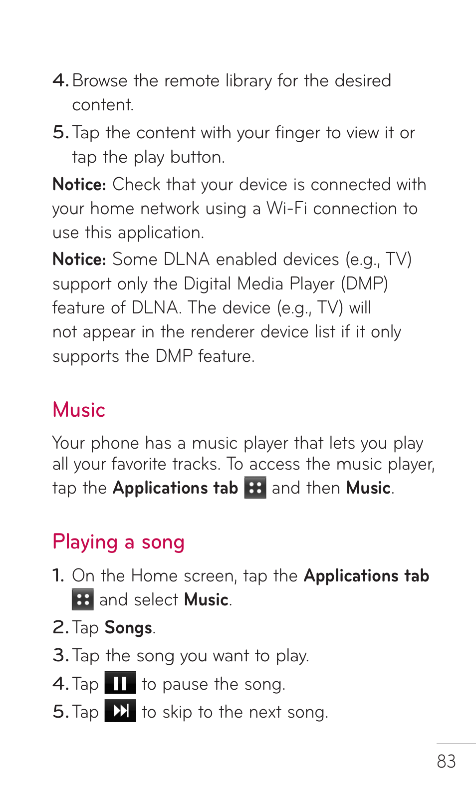 Music, Playing a song | LG DOUBLEPLAY MFL67441301 User Manual | Page 83 / 196