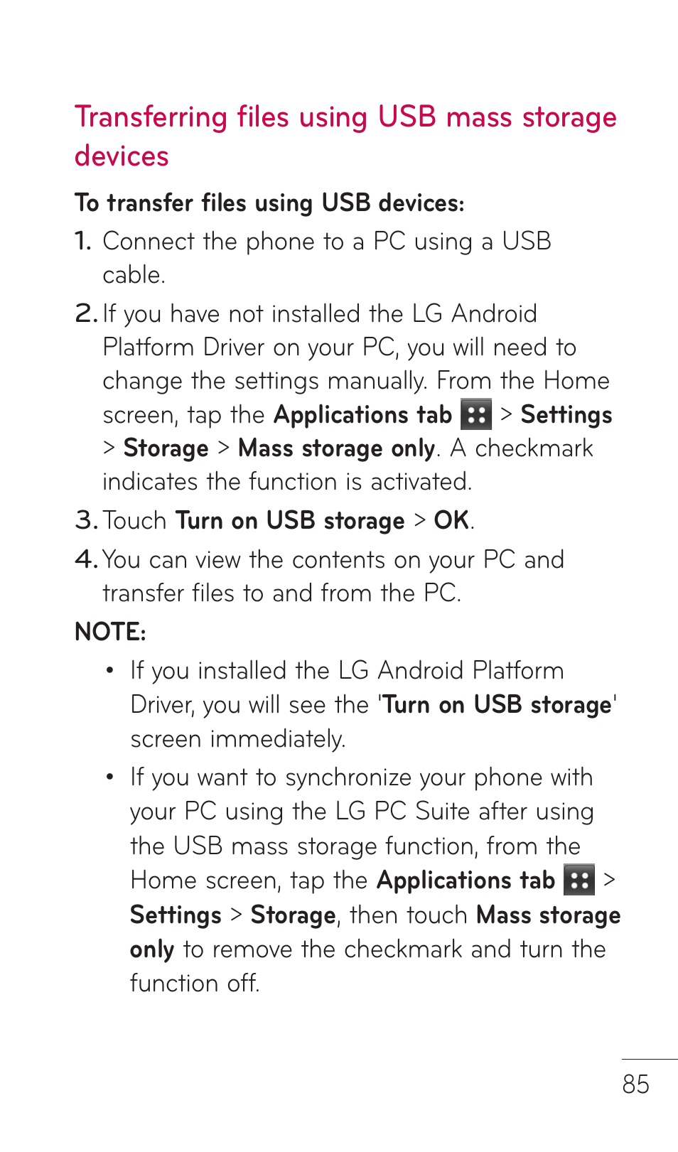 Transferring files using usb mass storage devices | LG DOUBLEPLAY MFL67441301 User Manual | Page 85 / 196