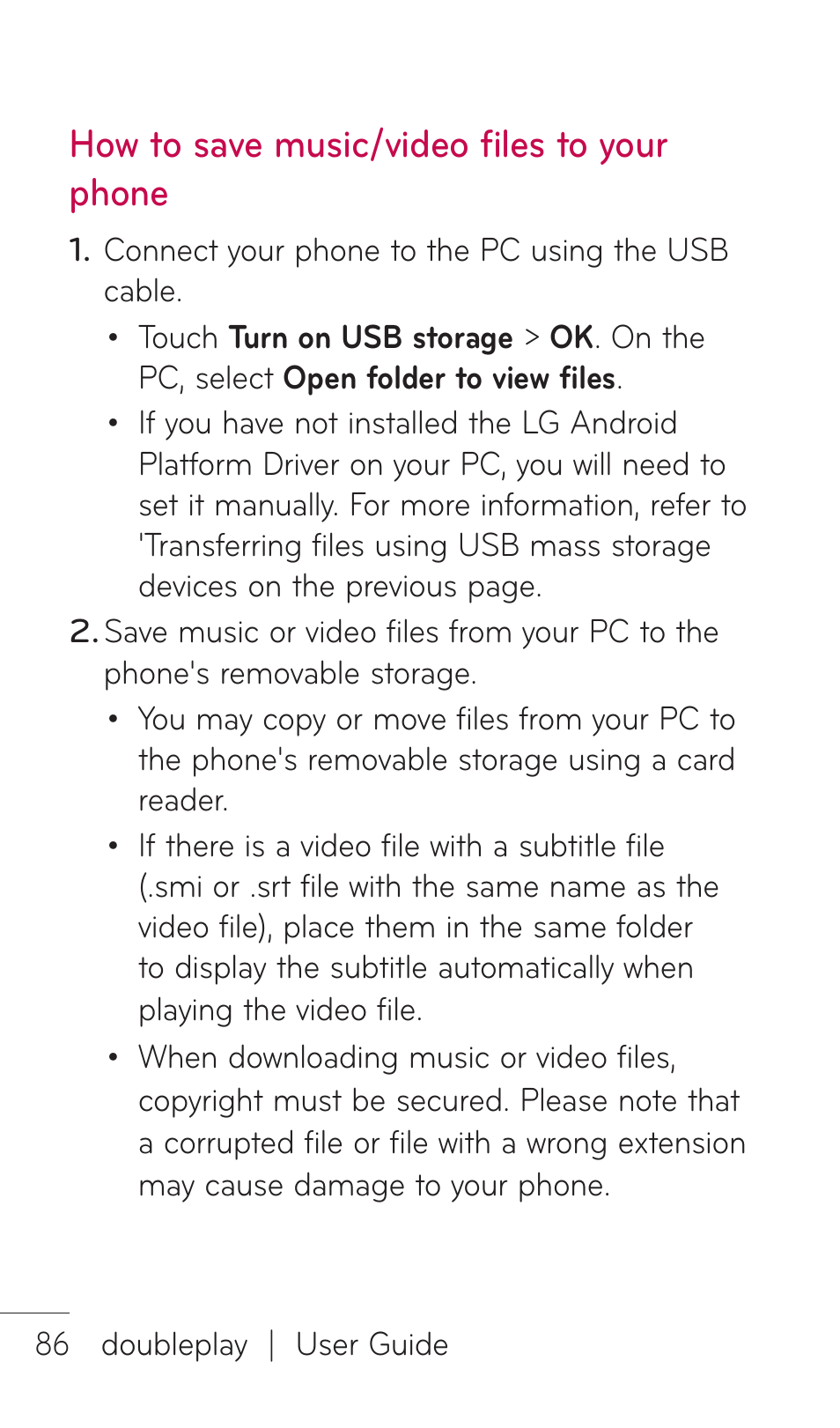 How to save music/video files to your phone | LG DOUBLEPLAY MFL67441301 User Manual | Page 86 / 196