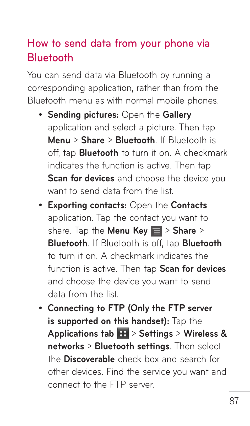 How to send data from your phone via bluetooth | LG DOUBLEPLAY MFL67441301 User Manual | Page 87 / 196