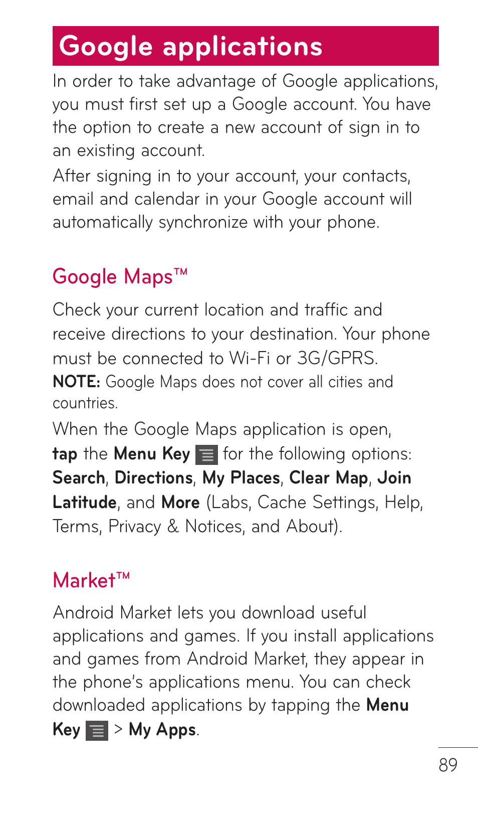 Google applications, Google maps, Market | LG DOUBLEPLAY MFL67441301 User Manual | Page 89 / 196