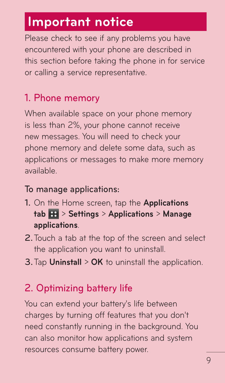 Important notice, Optimizing battery life | LG DOUBLEPLAY MFL67441301 User Manual | Page 9 / 196