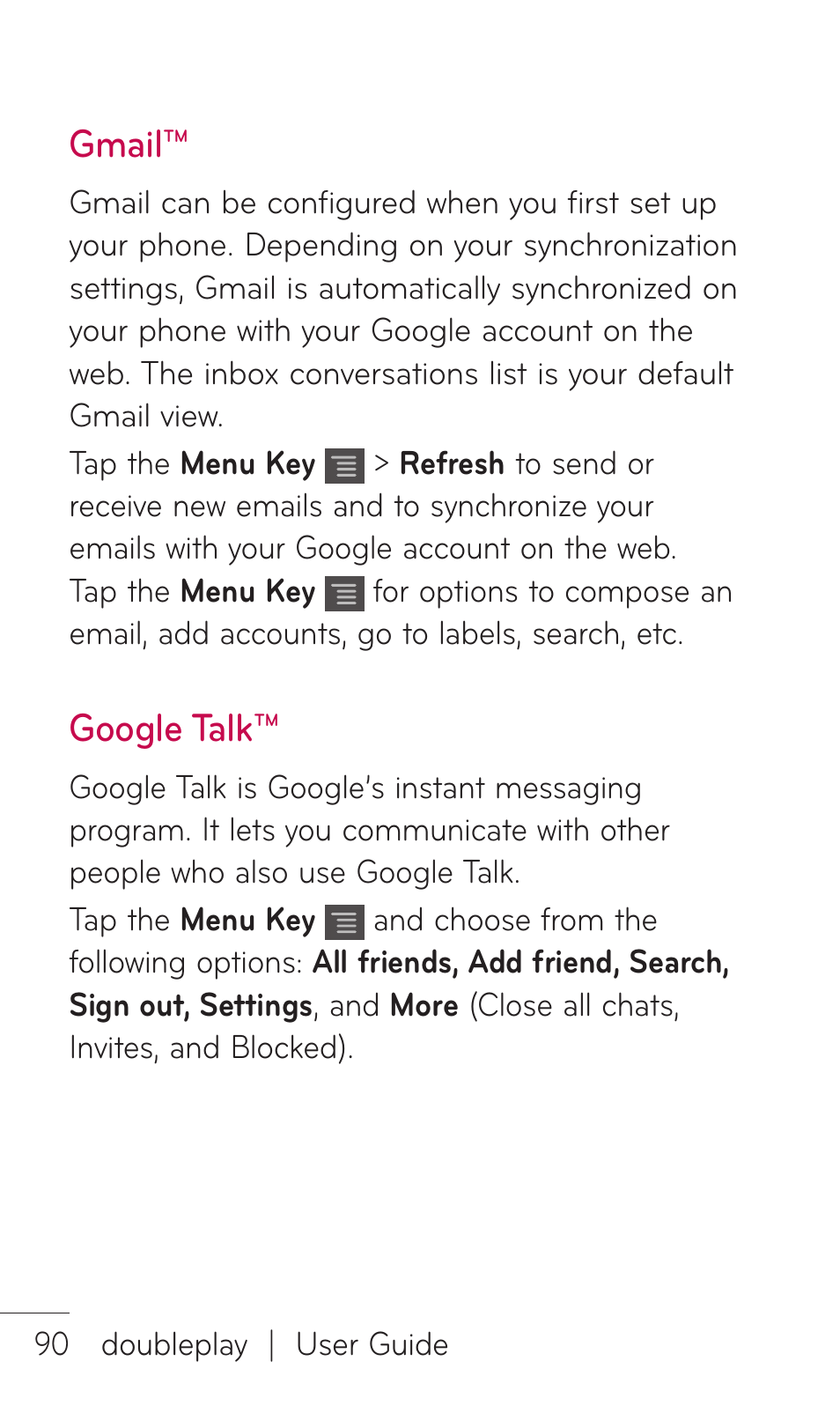Gmail, Google talk | LG DOUBLEPLAY MFL67441301 User Manual | Page 90 / 196
