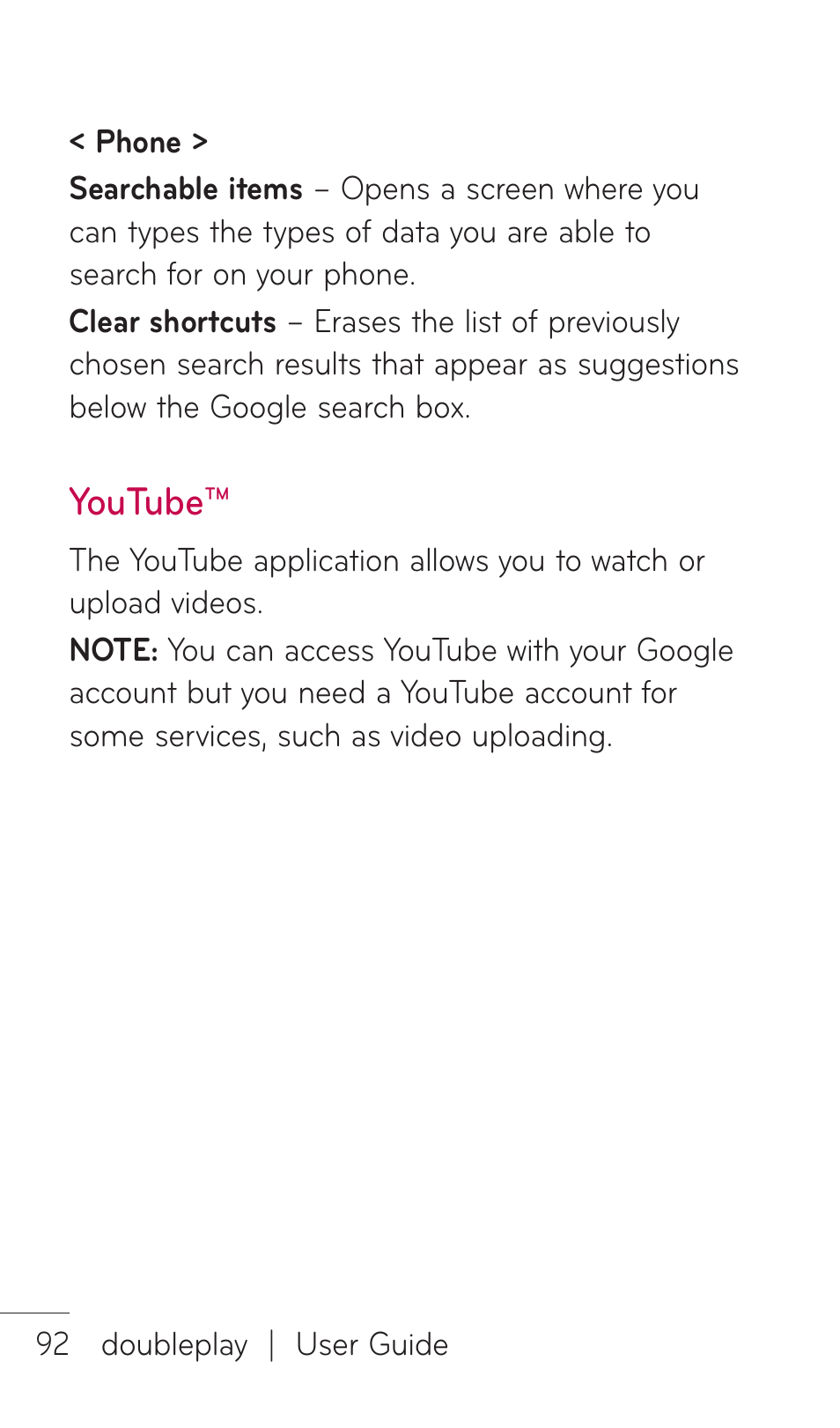 Youtube | LG DOUBLEPLAY MFL67441301 User Manual | Page 92 / 196