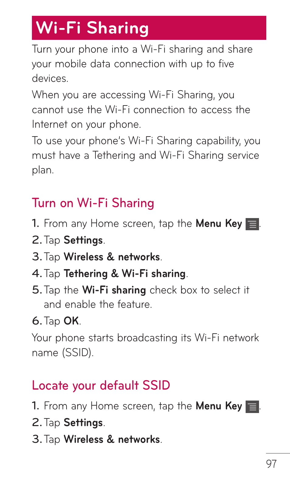 Wi-fi sharing, Turn on wi-fi sharing, Locate your default ssid | LG DOUBLEPLAY MFL67441301 User Manual | Page 97 / 196
