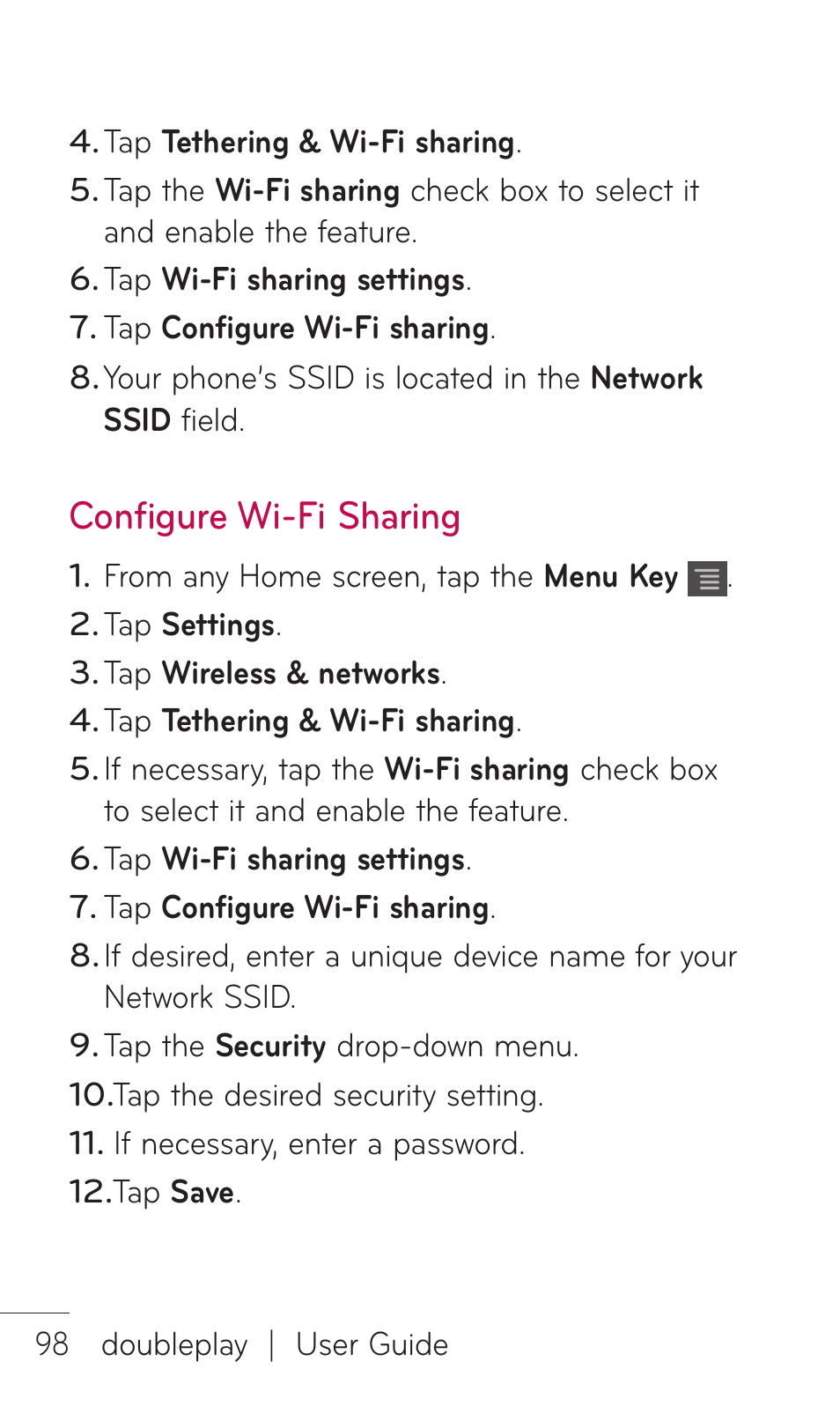 Configure wi-fi sharing | LG DOUBLEPLAY MFL67441301 User Manual | Page 98 / 196