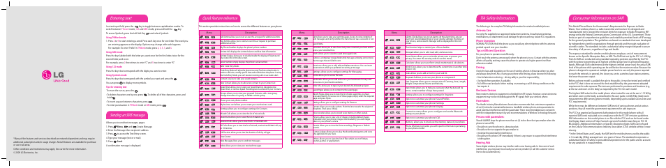 Entering text, Sending an sms message, Quick feature reference | Tia safety information, Consumer information on sar | LG 420G User Manual | Page 2 / 2