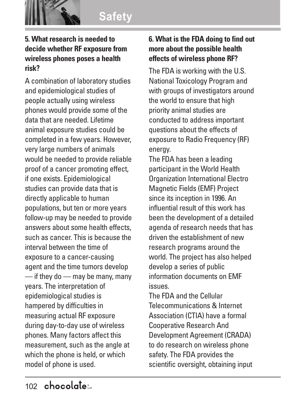 Safety | LG Chocolate User Manual | Page 104 / 262