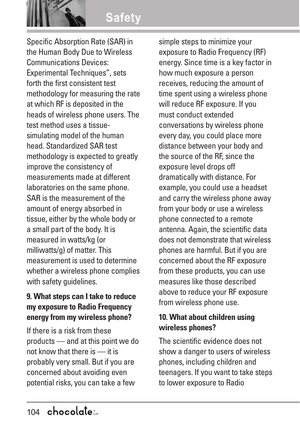 Safety | LG Chocolate User Manual | Page 106 / 262