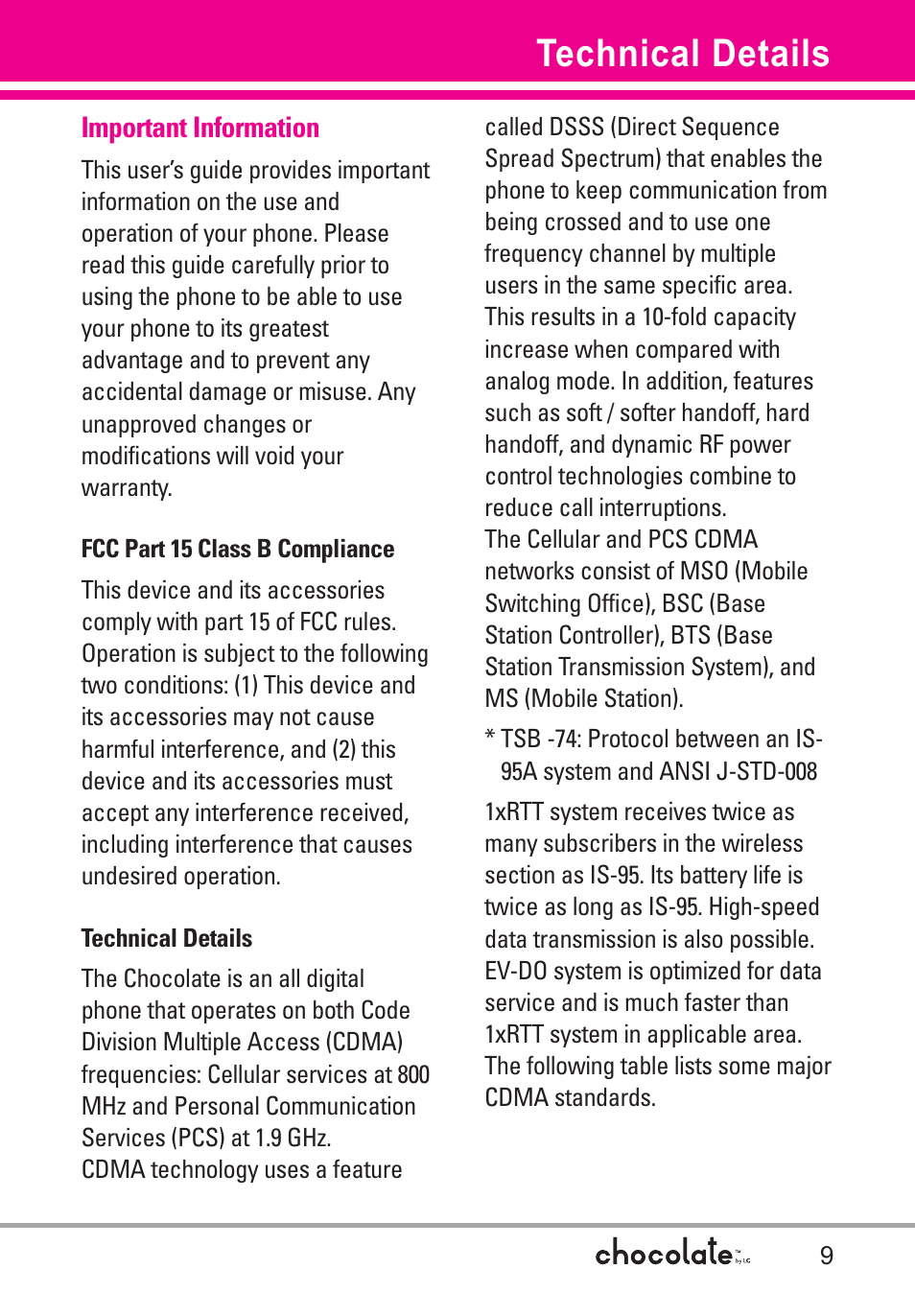 Technical details, Important information | LG Chocolate User Manual | Page 11 / 262