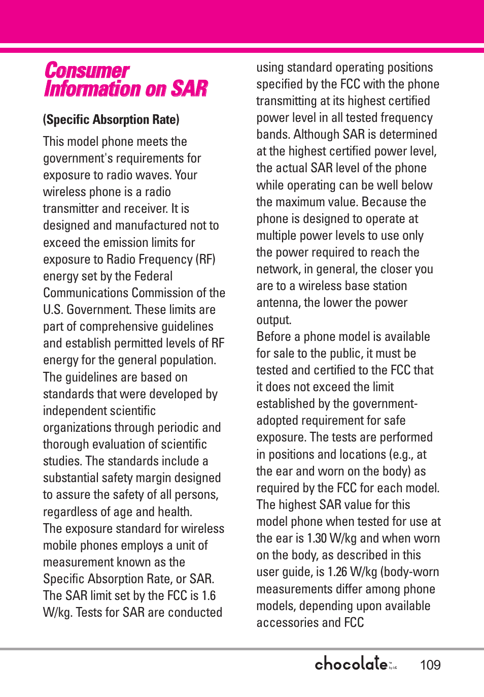 Consumer information on sar, Consumer information on sar .109 | LG Chocolate User Manual | Page 111 / 262