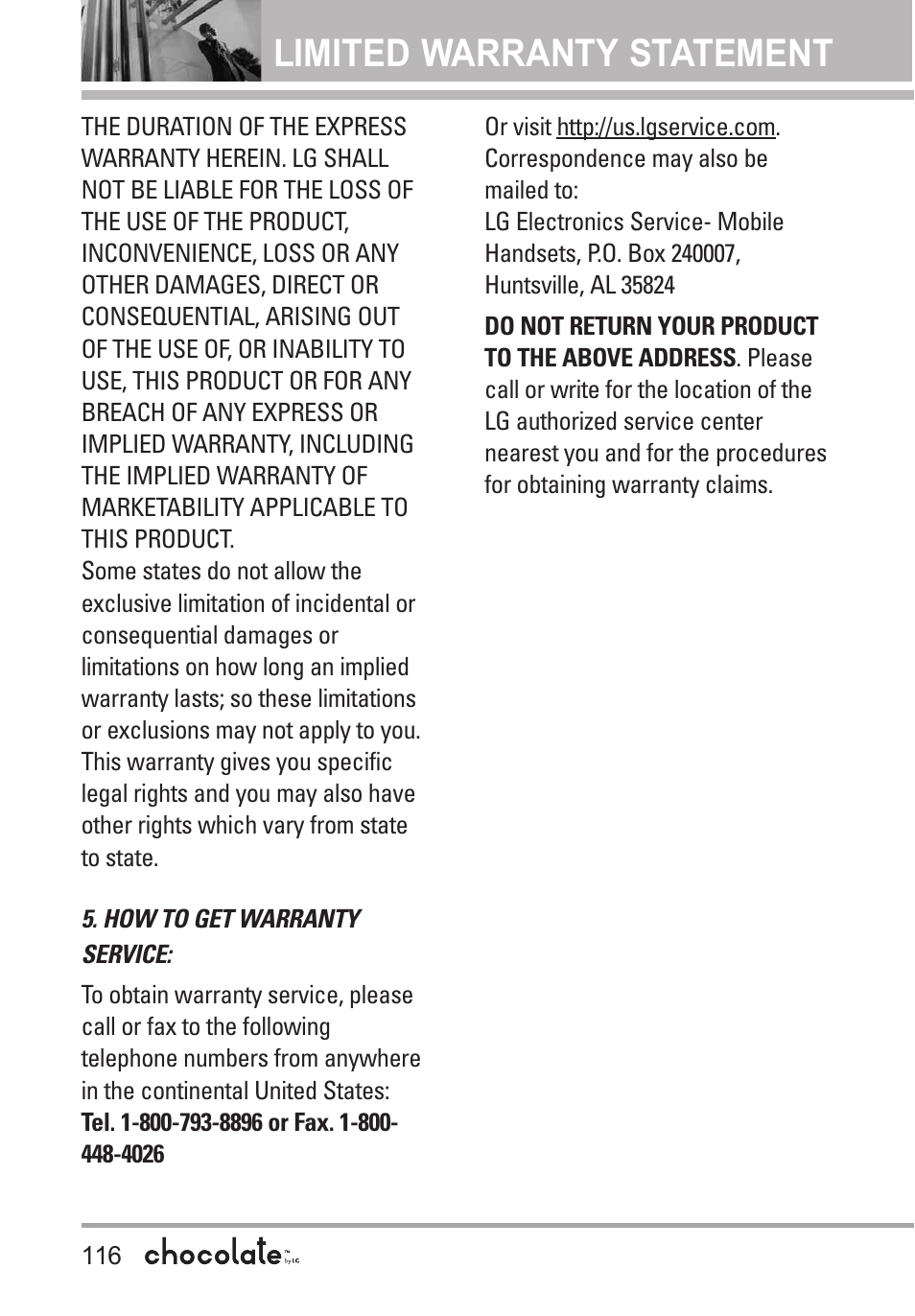 Limited warranty statement | LG Chocolate User Manual | Page 118 / 262