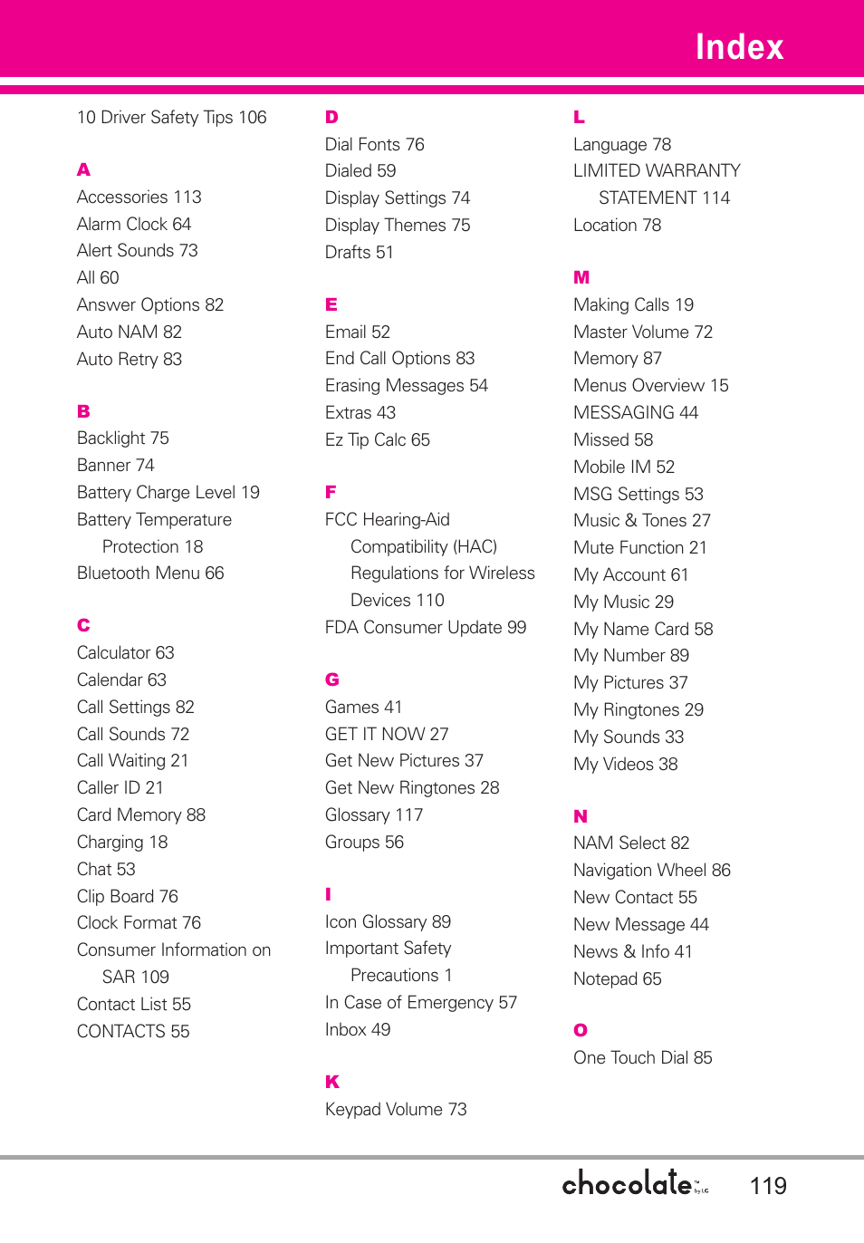 Index | LG Chocolate User Manual | Page 121 / 262