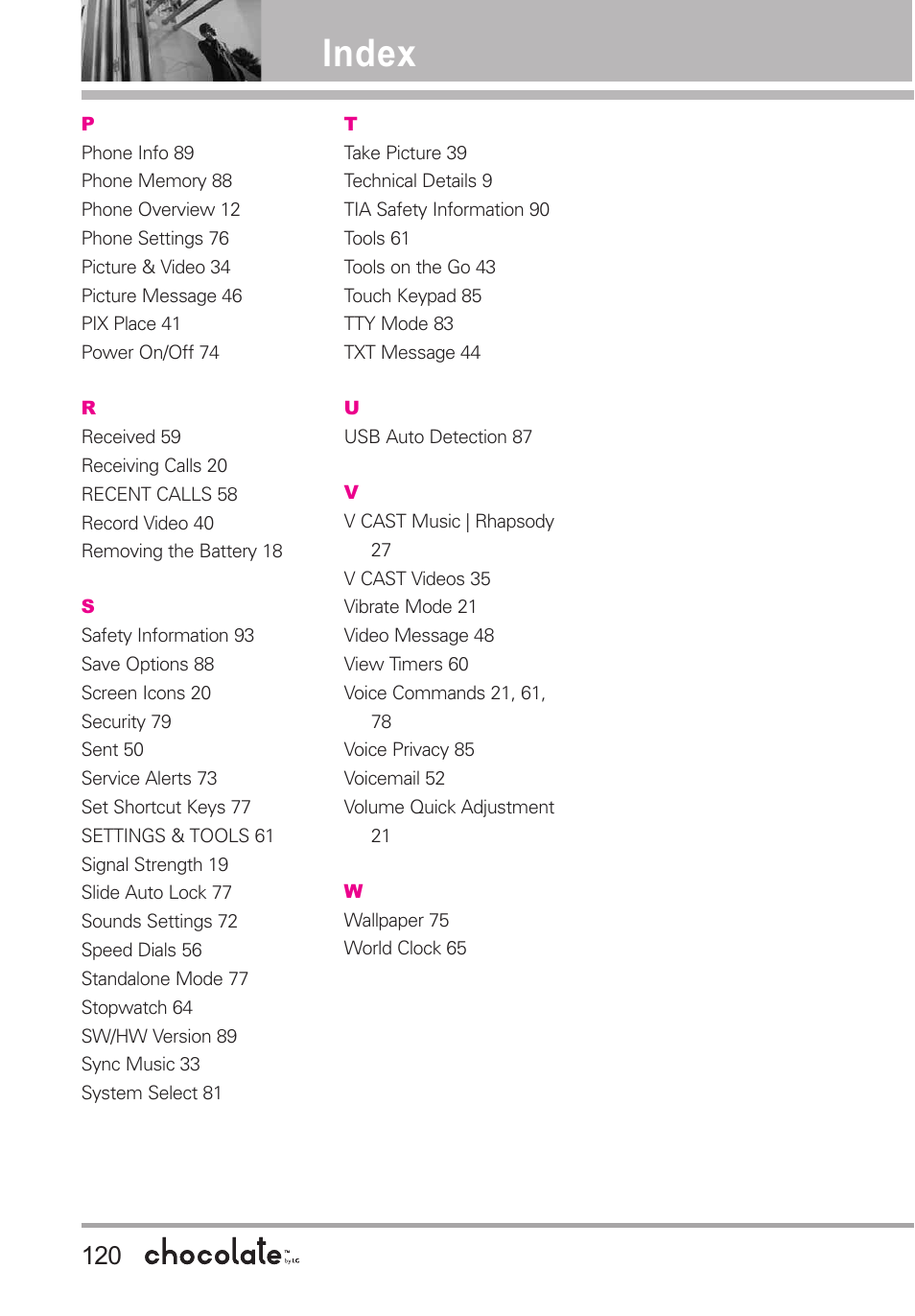 Index | LG Chocolate User Manual | Page 122 / 262