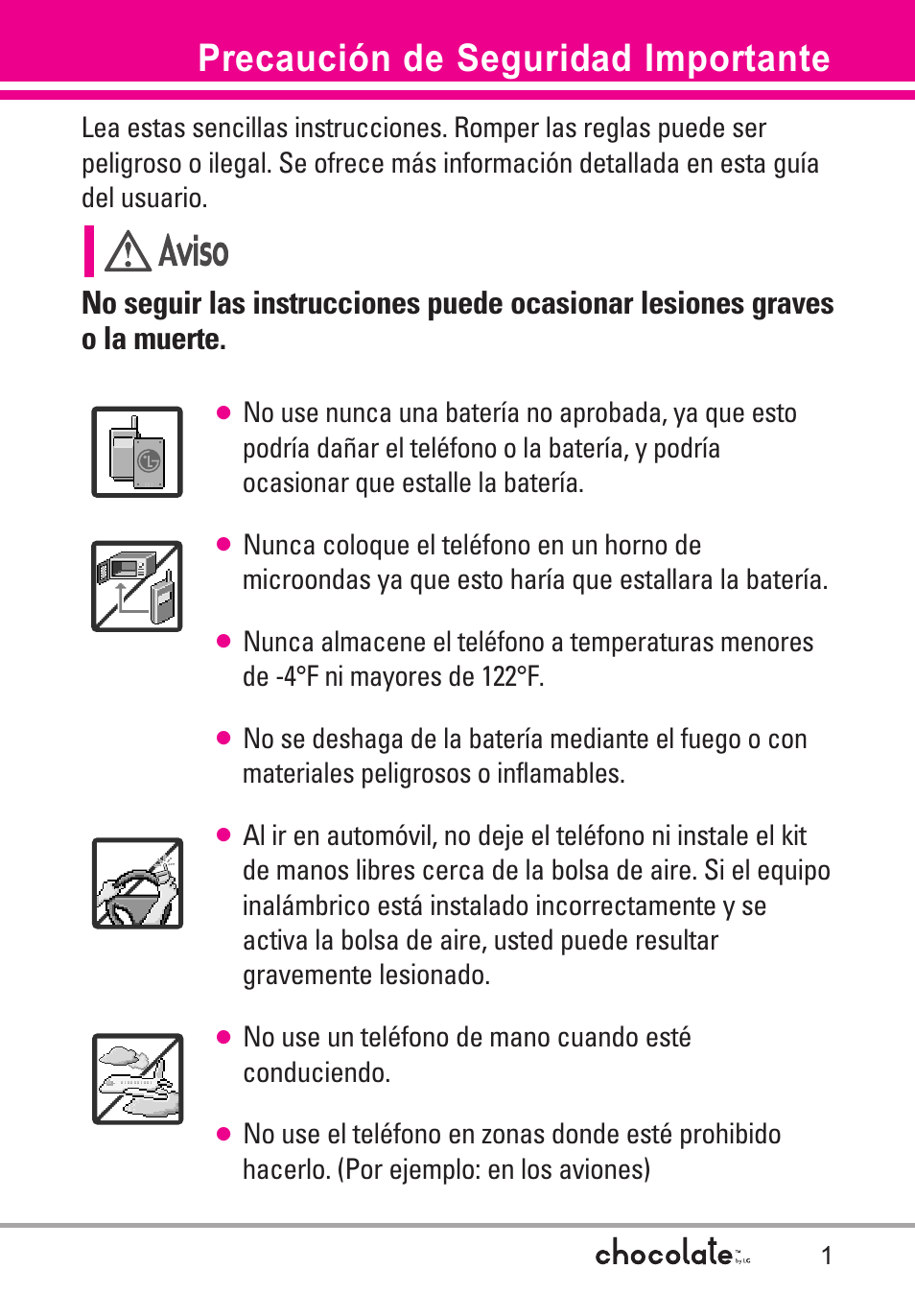 Precaución de seguridad impo, Precaución de seguridad importante | LG Chocolate User Manual | Page 126 / 262