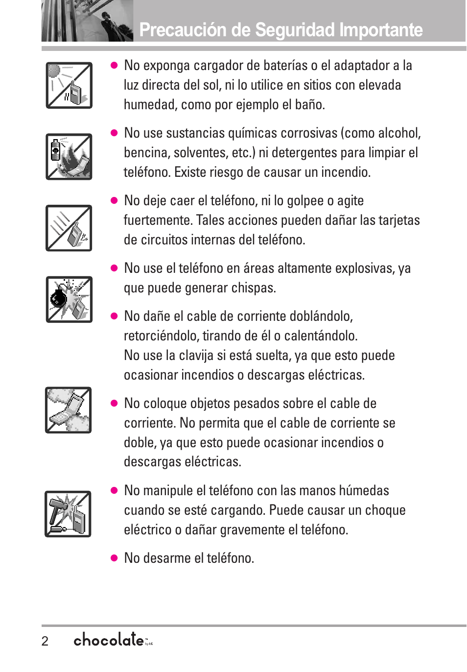 Precaución de seguridad importante, No desarme el teléfono | LG Chocolate User Manual | Page 127 / 262