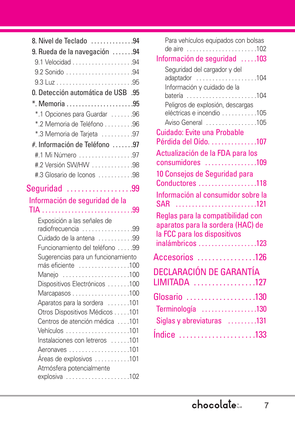 Seguridad, Índice | LG Chocolate User Manual | Page 132 / 262