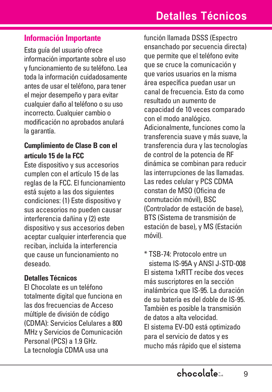 Detalles técnicos, Información importante | LG Chocolate User Manual | Page 134 / 262