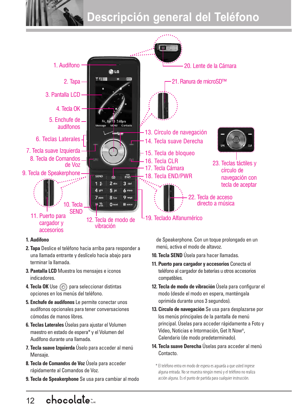 Descripción general del telé, Descripción general del teléfono | LG Chocolate User Manual | Page 137 / 262