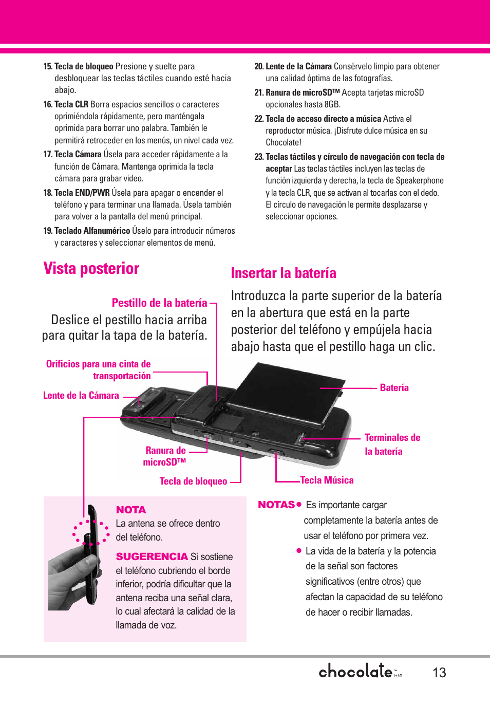 Insertar la batería, Vista posterior | LG Chocolate User Manual | Page 138 / 262