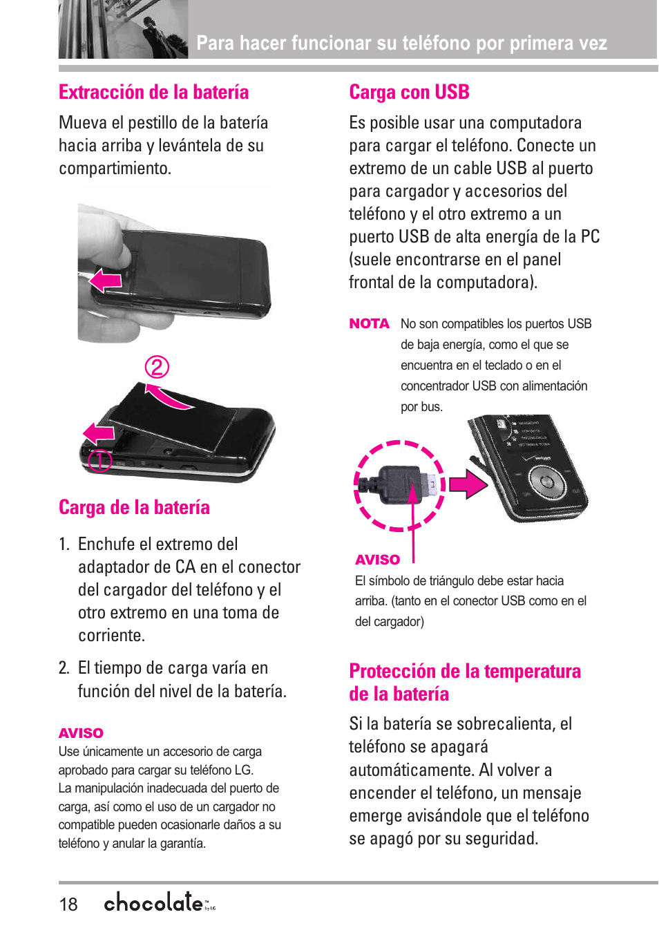 Para hacer funcionar su telé, Extracción de la batería, Carga de la batería | Carga con usb, Protección de la temperatura, Para hacer funcionar su teléfono por primera vez, Protección de la temperatura de la batería | LG Chocolate User Manual | Page 143 / 262