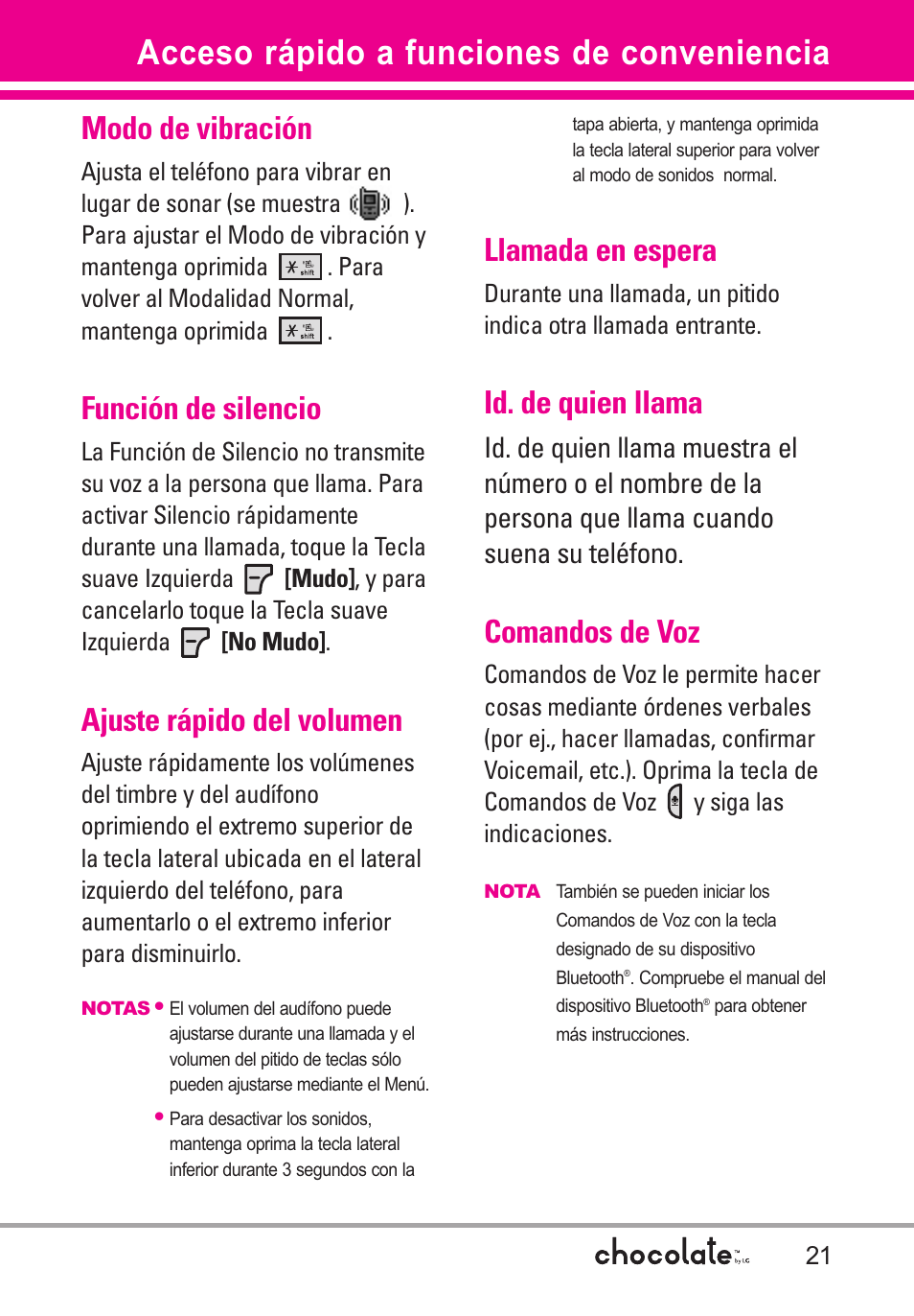 Acceso rápido a funciones de, Modo de vibración, Función de silencio | Ajuste rápido del volumen, Llamada en espera, Id. de quien llama, Comandos de voz, Acceso rápido a funciones de conveniencia | LG Chocolate User Manual | Page 146 / 262