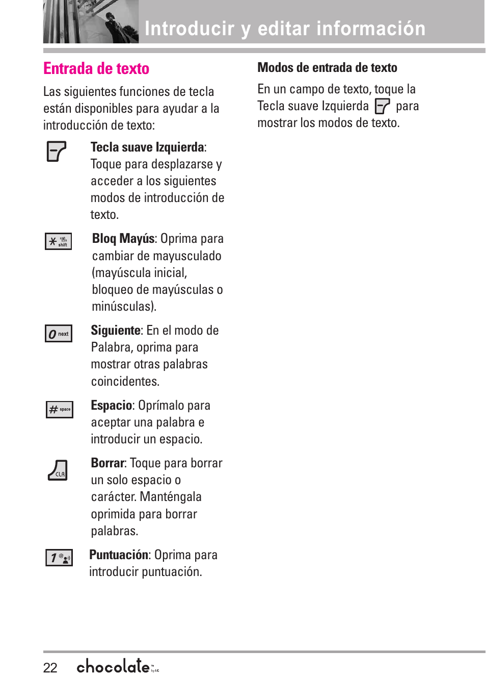 Introducir y editar información, Entrada de texto, Modos de entrada de texto | Introducir y editar información22 | LG Chocolate User Manual | Page 147 / 262