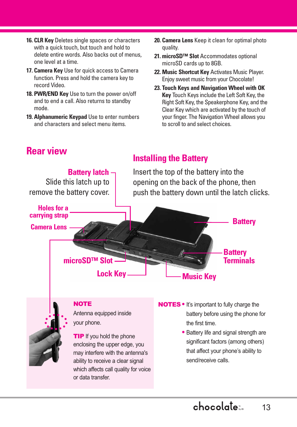 Installing the battery, Rear view | LG Chocolate User Manual | Page 15 / 262