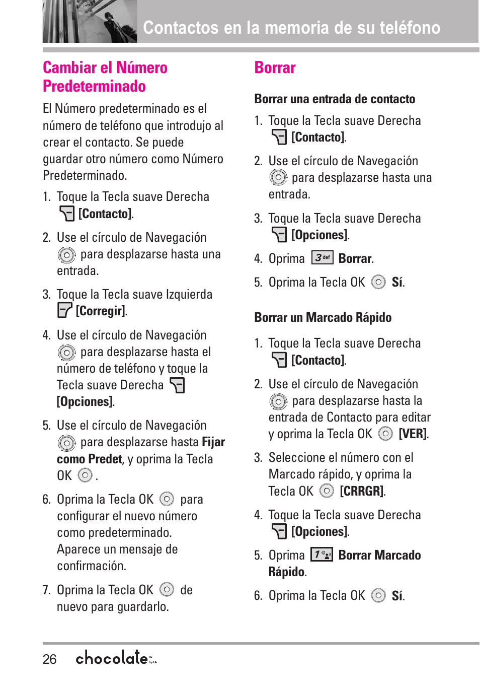 Cambiar el número predeterm, Borrar, Cambiar el número predeterminado | LG Chocolate User Manual | Page 151 / 262