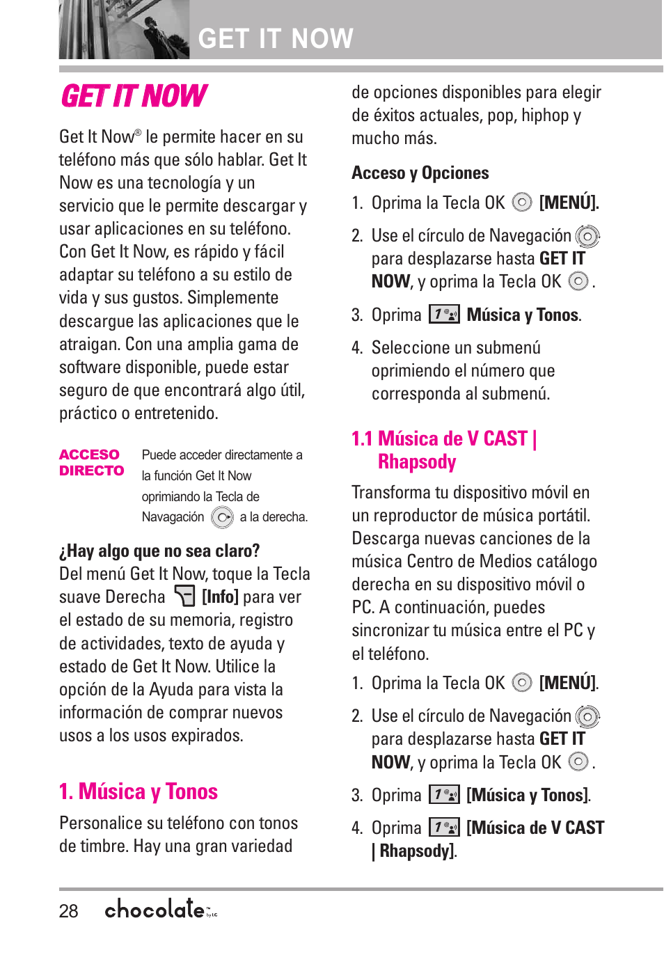 Get it now, Música y tonos, 1 música de v cast | rhap | 1 música de v cast | rhapsody 28, Gge et t iit t n no ow w | LG Chocolate User Manual | Page 153 / 262