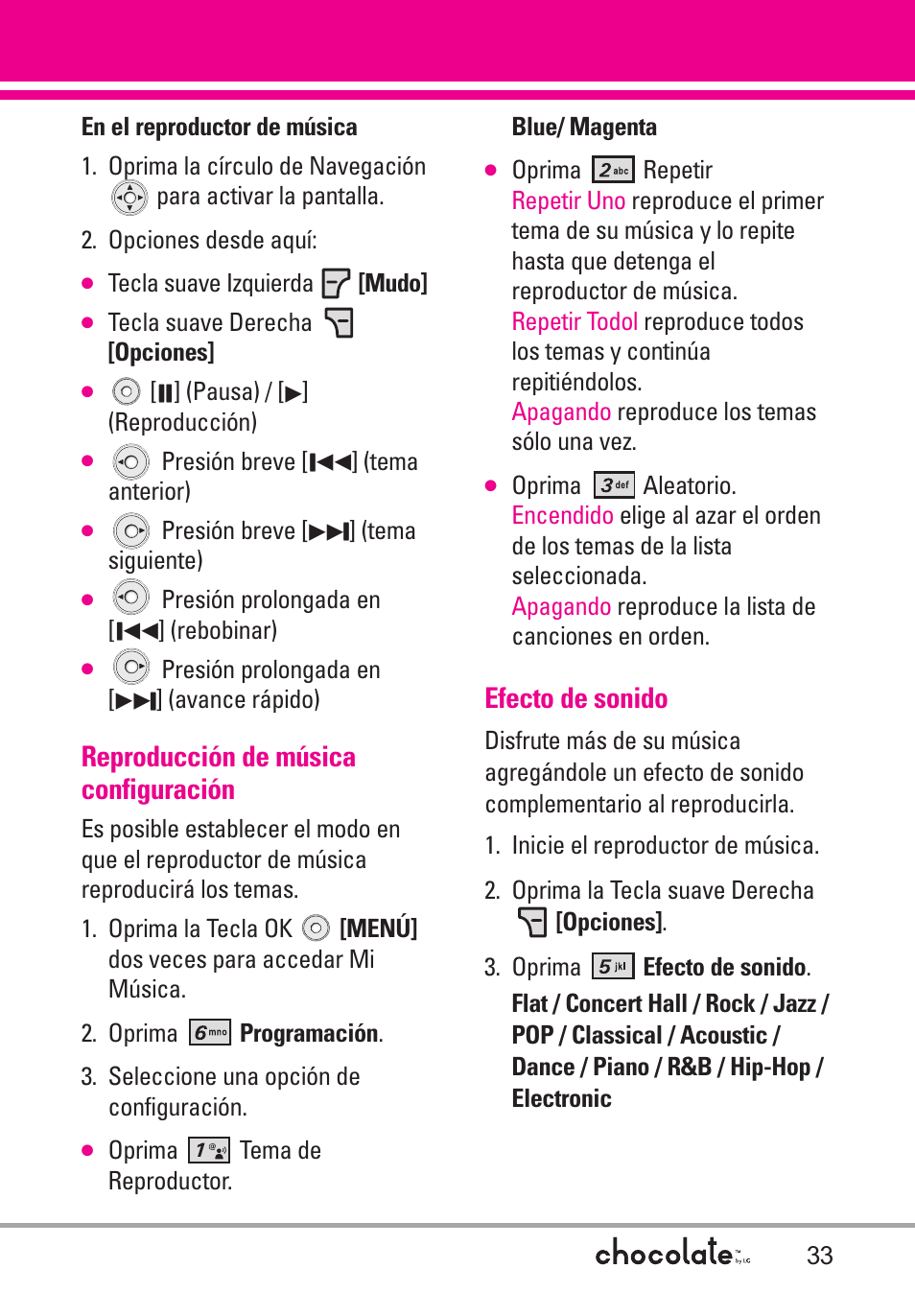 Reproducción de música conf, Efecto de sonido, Reproducción de música configuración | LG Chocolate User Manual | Page 158 / 262