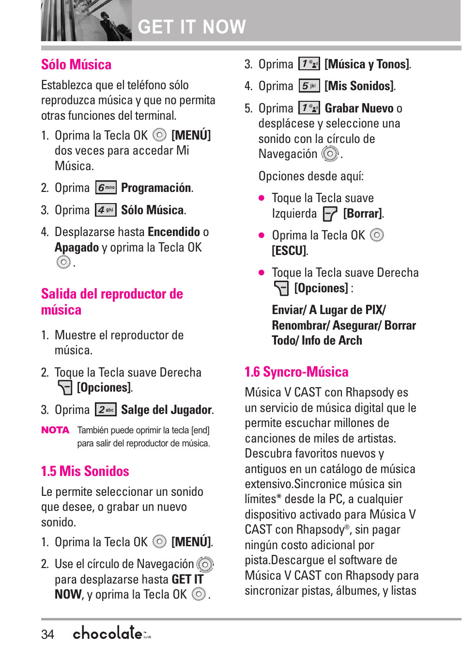 Sólo música, Salida del reproductor de mú, 5 mis sonidos | 6 syncro-música, Salida del reproductor de música, Get it now | LG Chocolate User Manual | Page 159 / 262