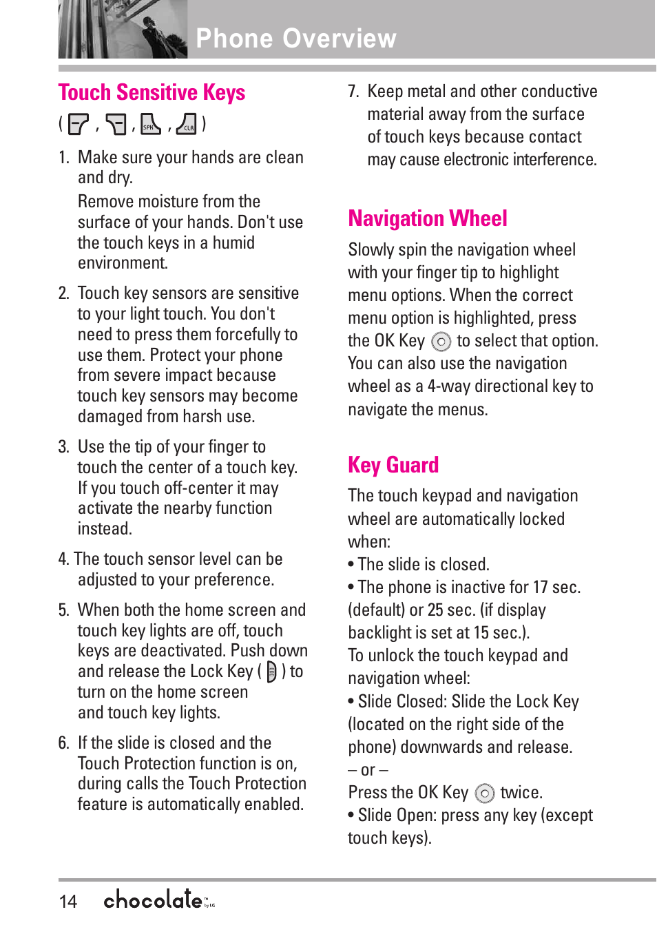 Touch sensitive keys, Navigation wheel, Key guard | Phone overview | LG Chocolate User Manual | Page 16 / 262