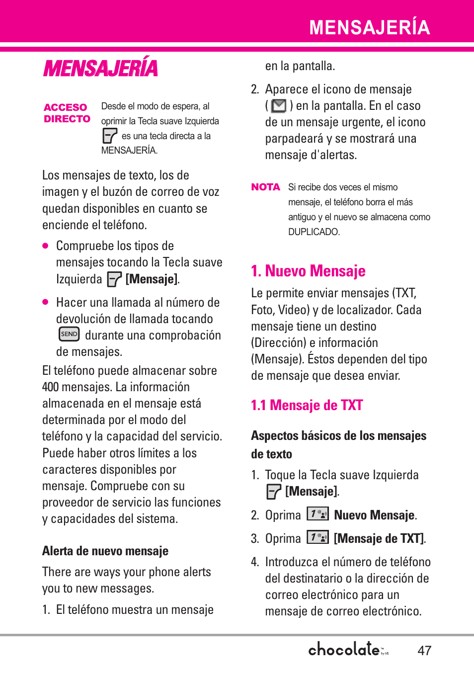 Mensajería, Nuevo mensaje, 1 mensaje de txt | Mme en ns sa aj je er ríía a | LG Chocolate User Manual | Page 172 / 262