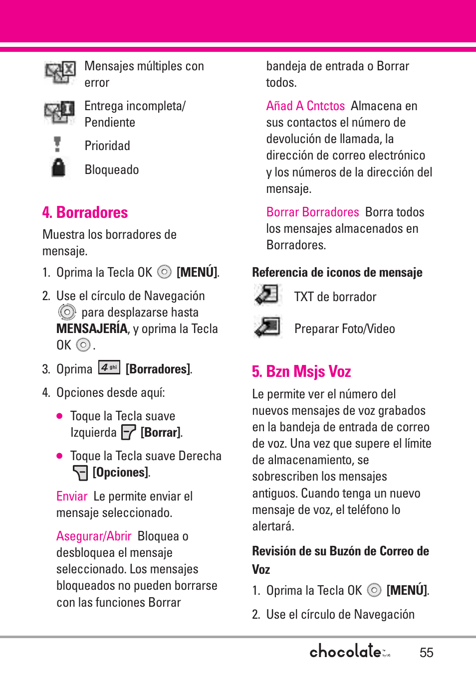 Borradores, Bzn msjs voz | LG Chocolate User Manual | Page 180 / 262