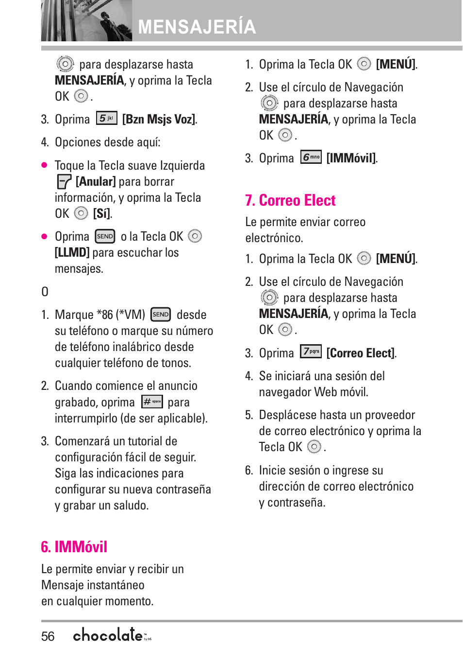 Immóvil, Correo elect, Mensajería | LG Chocolate User Manual | Page 181 / 262