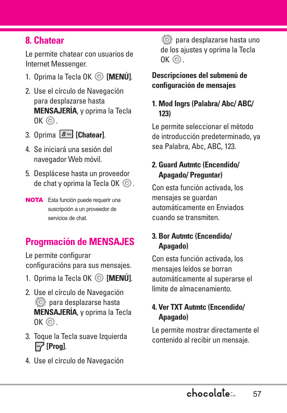 Chatear, Progrmación de mensajes, Mod ingrs (palabra/ abc | Guard autmtc (encendido, Bor autmtc (encendido, Ver txt autmtc (encendid | LG Chocolate User Manual | Page 182 / 262