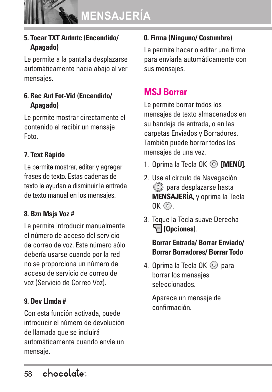 Tocar txt autmtc (encend, Rec aut fot-vid (encendi, Text rápido | Bzn msjs voz, Dev llmda, Firma (ninguno/ costumbre), Msj borrar, Mensajería | LG Chocolate User Manual | Page 183 / 262