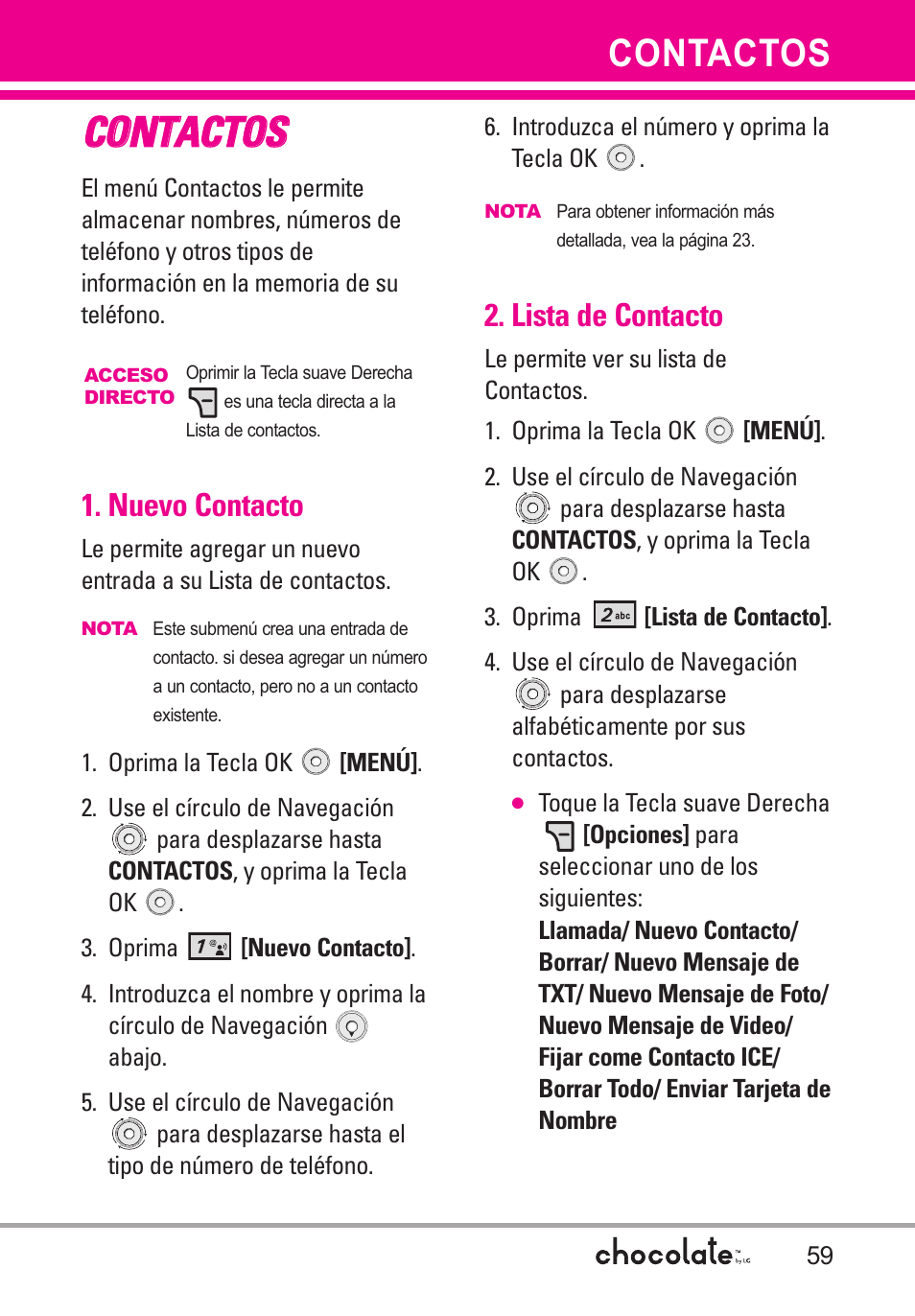 Contactos, Nuevo contacto, Lista de contacto | Cco on nt ta ac ct to os s | LG Chocolate User Manual | Page 184 / 262