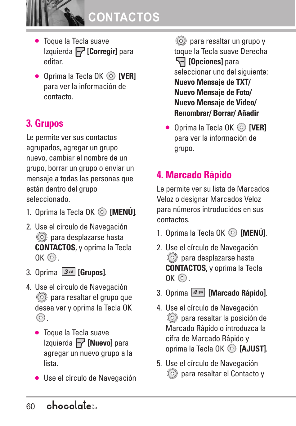 Grupos, Marcado rápido, Contactos | LG Chocolate User Manual | Page 185 / 262