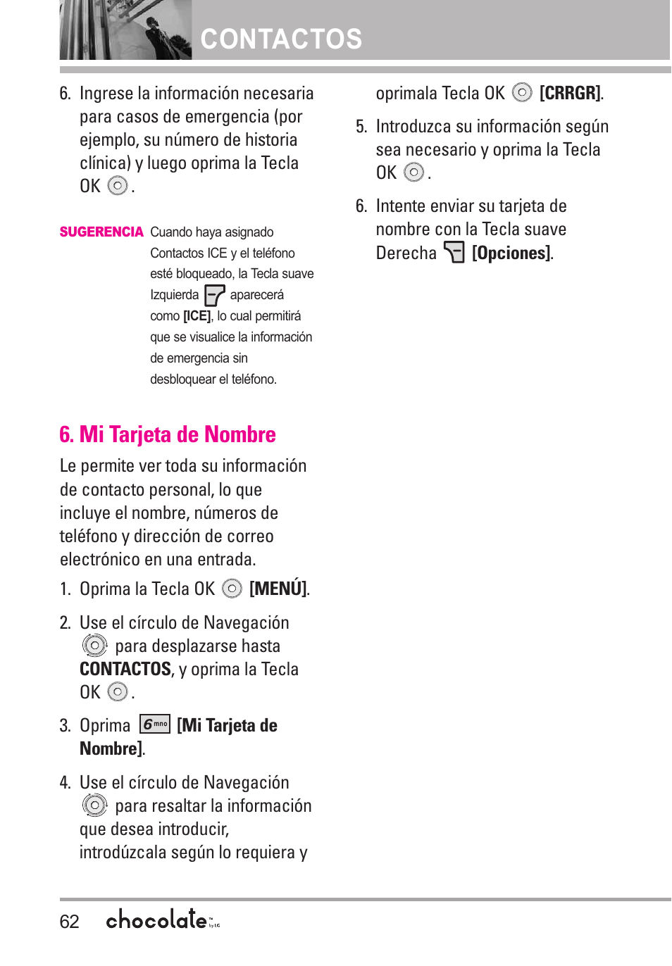 Mi tarjeta de nombre, Contactos | LG Chocolate User Manual | Page 187 / 262