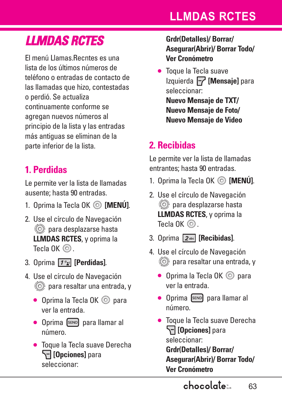 Llmdas rctes, Perdidas, Recibidas | LG Chocolate User Manual | Page 188 / 262